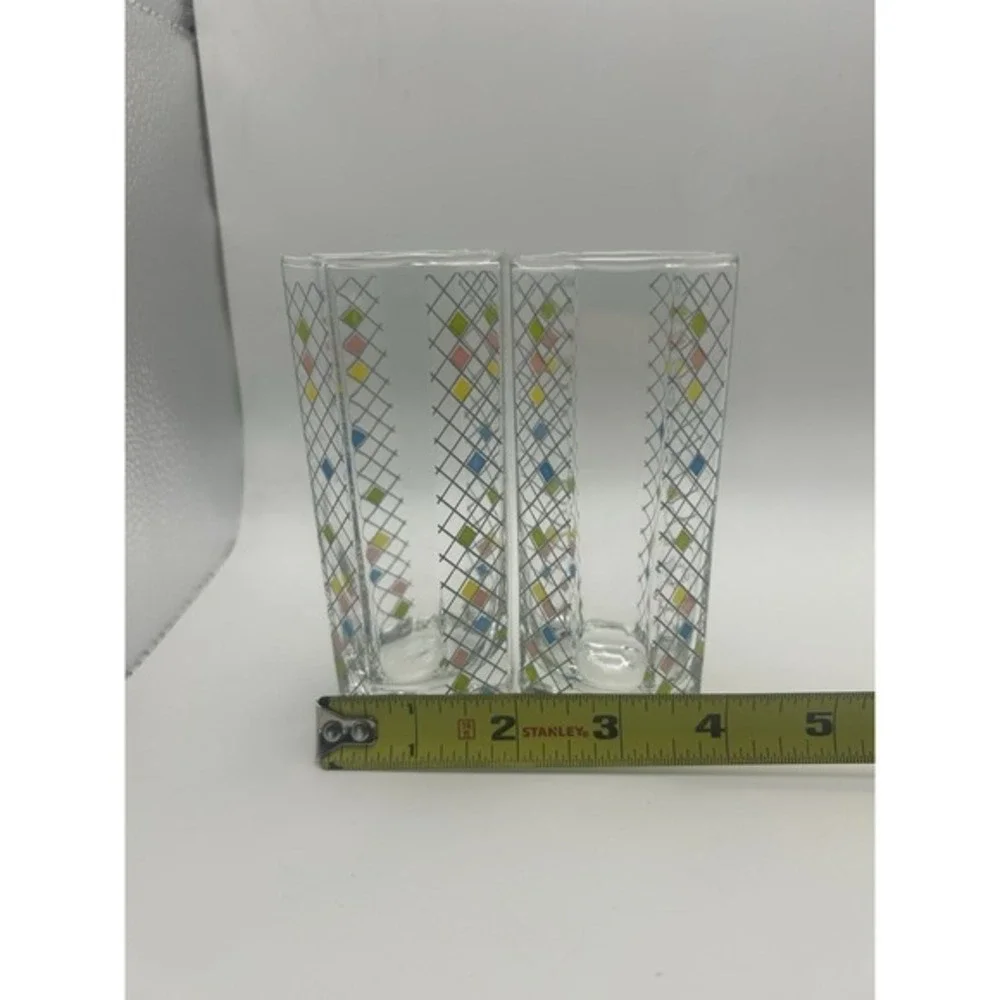 MCM Clear Glass Highball Tumblers with Multicolor Diamond Pattern (Pair)